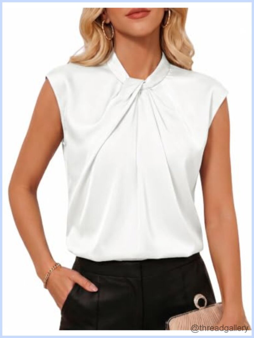Women Satin Blouse Mock Neck Cap Sleeve Dressy Work Top